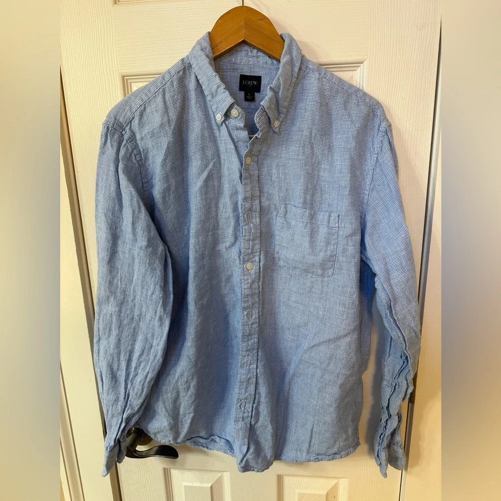 J Crew Mens Linen Blend Button Down Shirt Blue Gingham Plaid Long Sleeve Size L